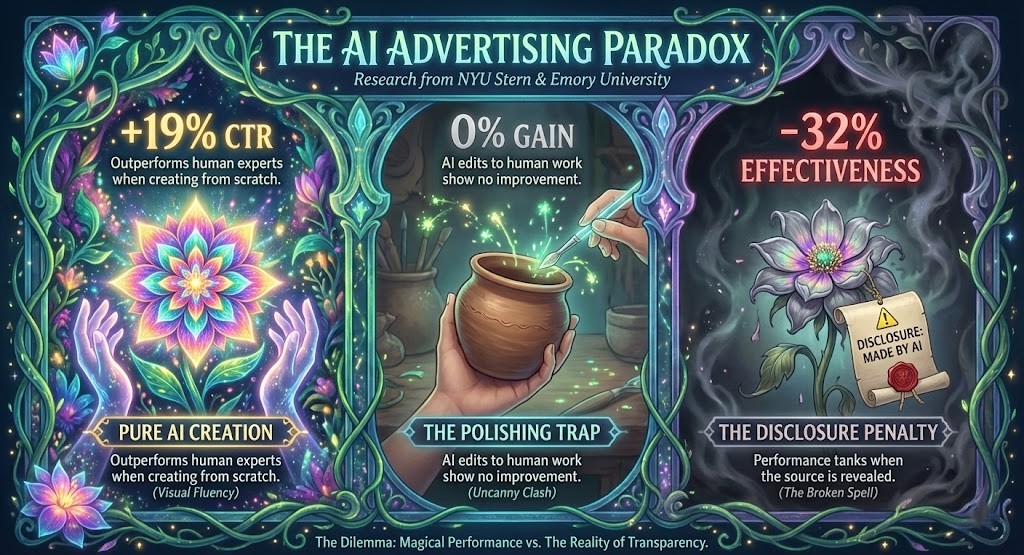 The AI Advertising Paradox overview showing creation lift, polishing trap, and disclosure penalty